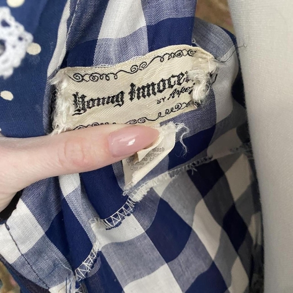 Vintage Crochet Ruffle Navy White Plaid Gingham Dress Doen Sora - Picture 4 of 6